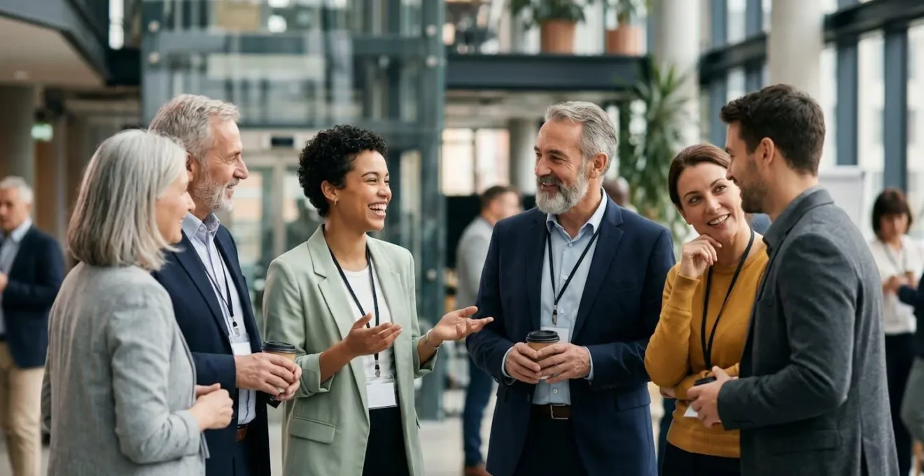 Groupe de professionnels échangeant lors d'un événement networking dans un espace moderne