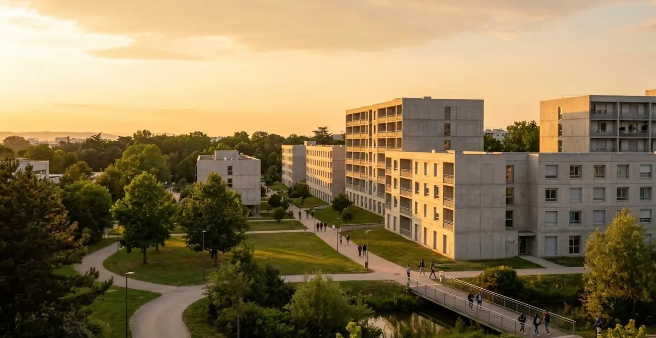 Vue panoramique des résidences étudiantes sur le campus de l'INSA Lyon avec espaces verts