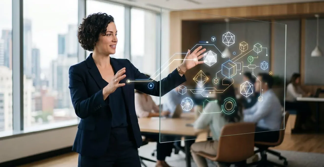 Professionnel présentant devant un tableau transparent avec des schémas conceptuels
