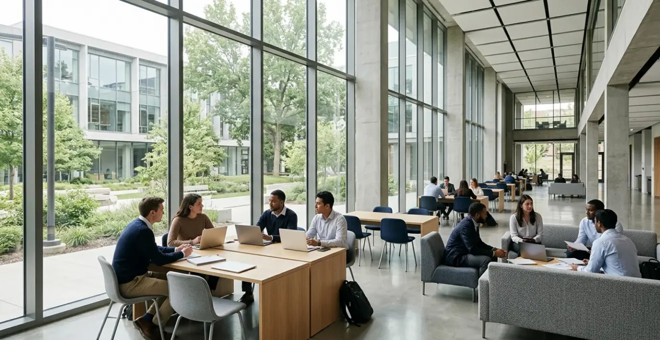 Campus moderne de l'EM Lyon avec des étudiants entrepreneurs dans un espace collaboratif