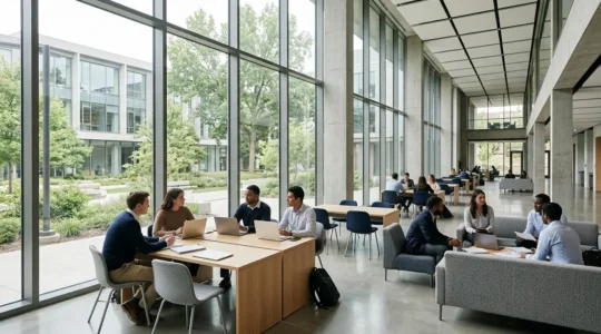 Campus moderne de l'EM Lyon avec des étudiants entrepreneurs dans un espace collaboratif