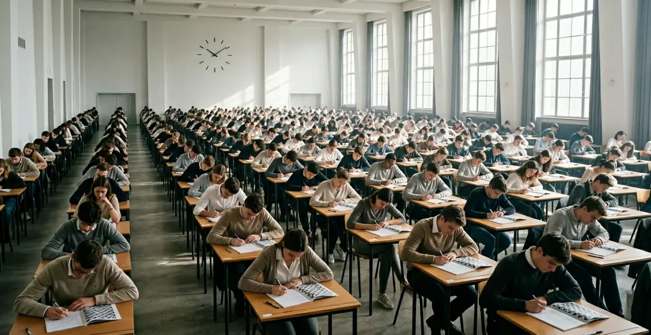 Salle d'examen avec candidats concentrés passant les épreuves de concours d'école de journalisme