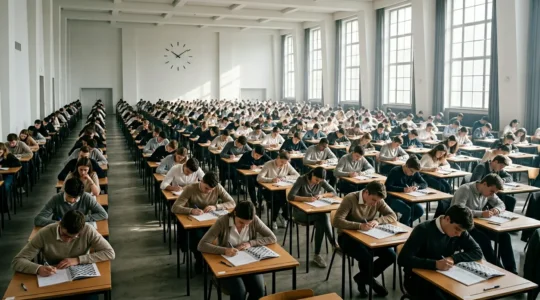 Salle d'examen avec candidats concentrés passant les épreuves de concours d'école de journalisme