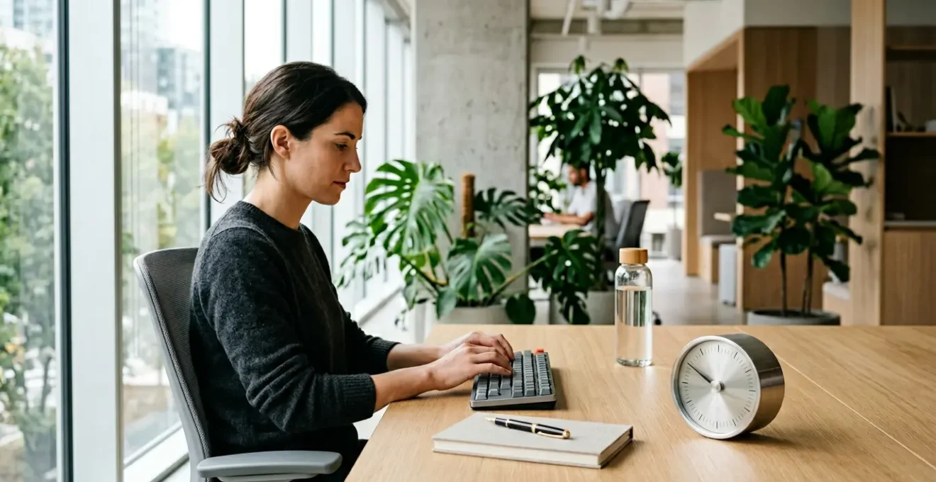 Bureau moderne avec minuteur indiquant 90 minutes et personne concentrée travaillant, lumière naturelle douce