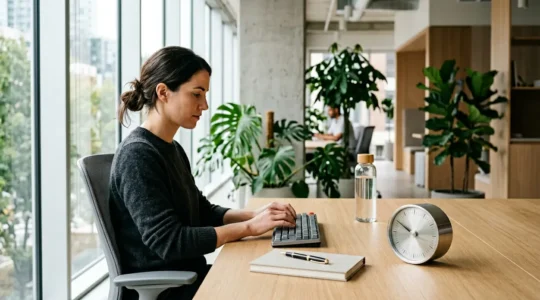 Bureau moderne avec minuteur indiquant 90 minutes et personne concentrée travaillant, lumière naturelle douce