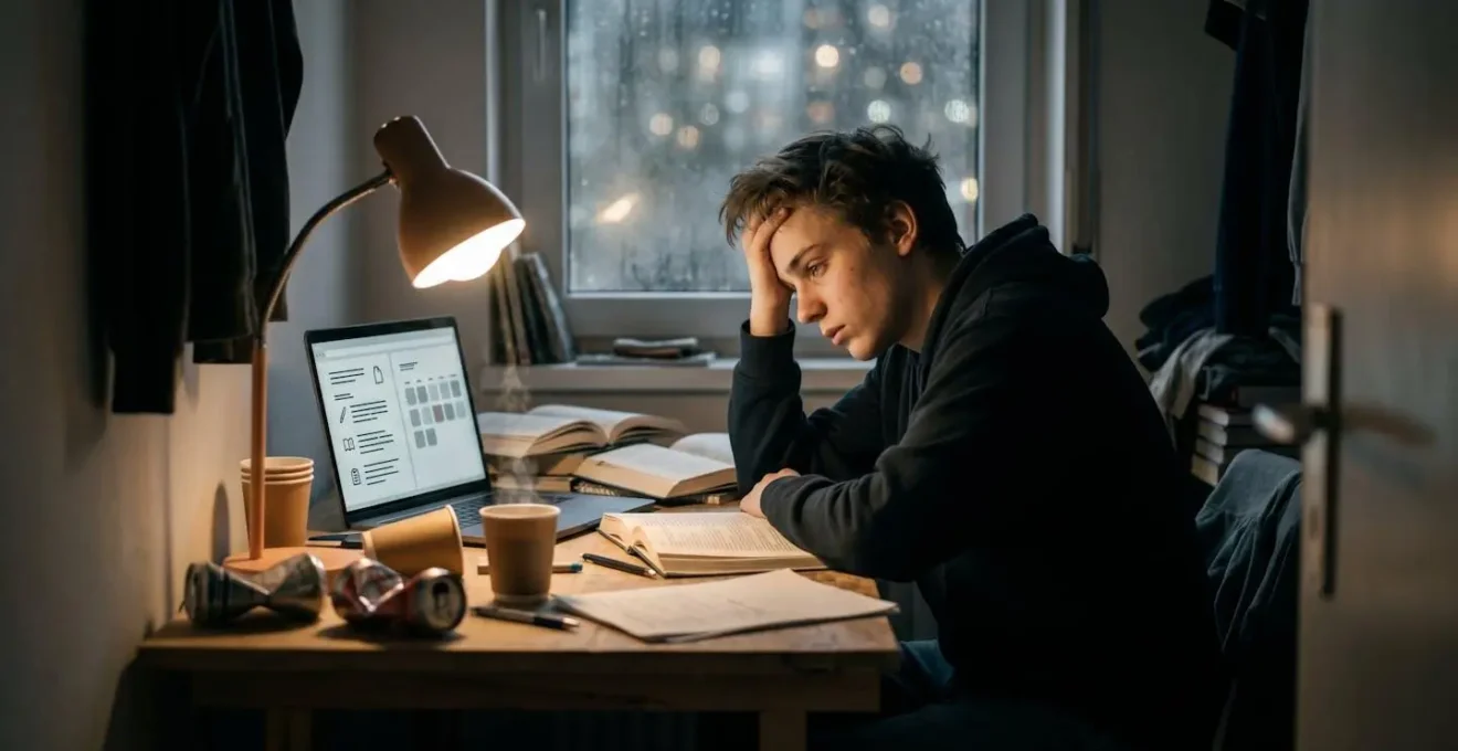 Étudiant épuisé travaillant de nuit avec ses livres dans un studio exigu
