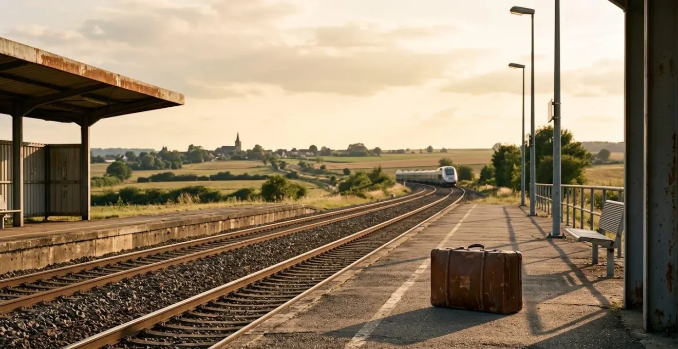 Gare avec valise solitaire sur le quai, paysage rural en arrière-plan