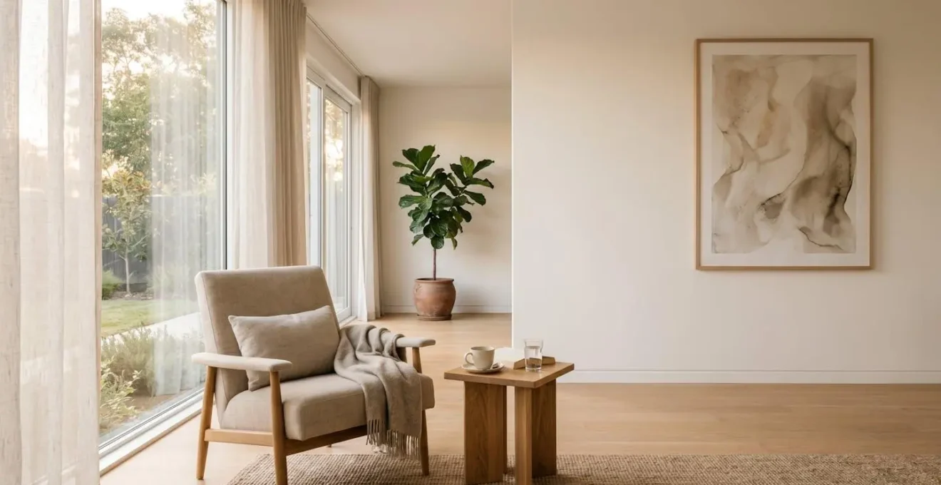 Espace de détente minimaliste baigné de lumière naturelle invitant au repos